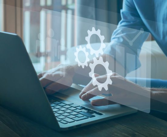 Automation and optimisation concept, business process workflow development Automation and optimisation concept, business process workflow development on virtual screen.